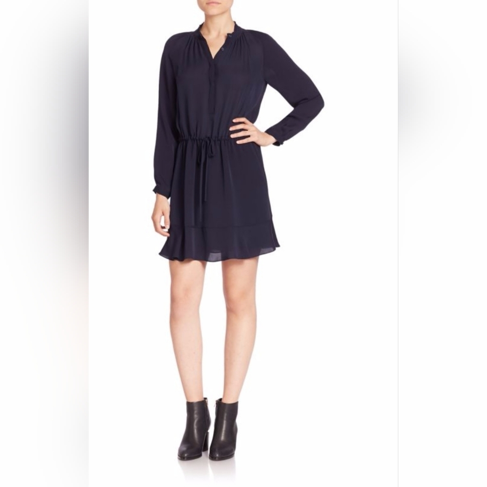 Rebecca Taylor Elegant Navy Silk Blue Long Sleeve Dress NEW